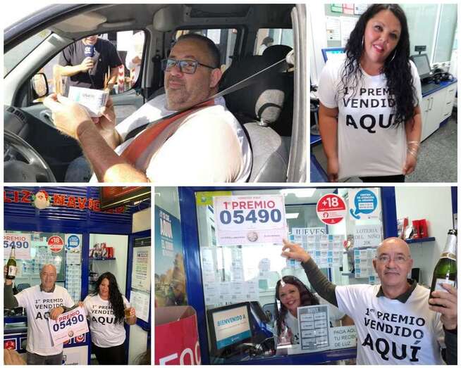 Isidro, el ganador del premio del Gordo vendido en Las Huesas y los administradores del negocio/TA y C7.